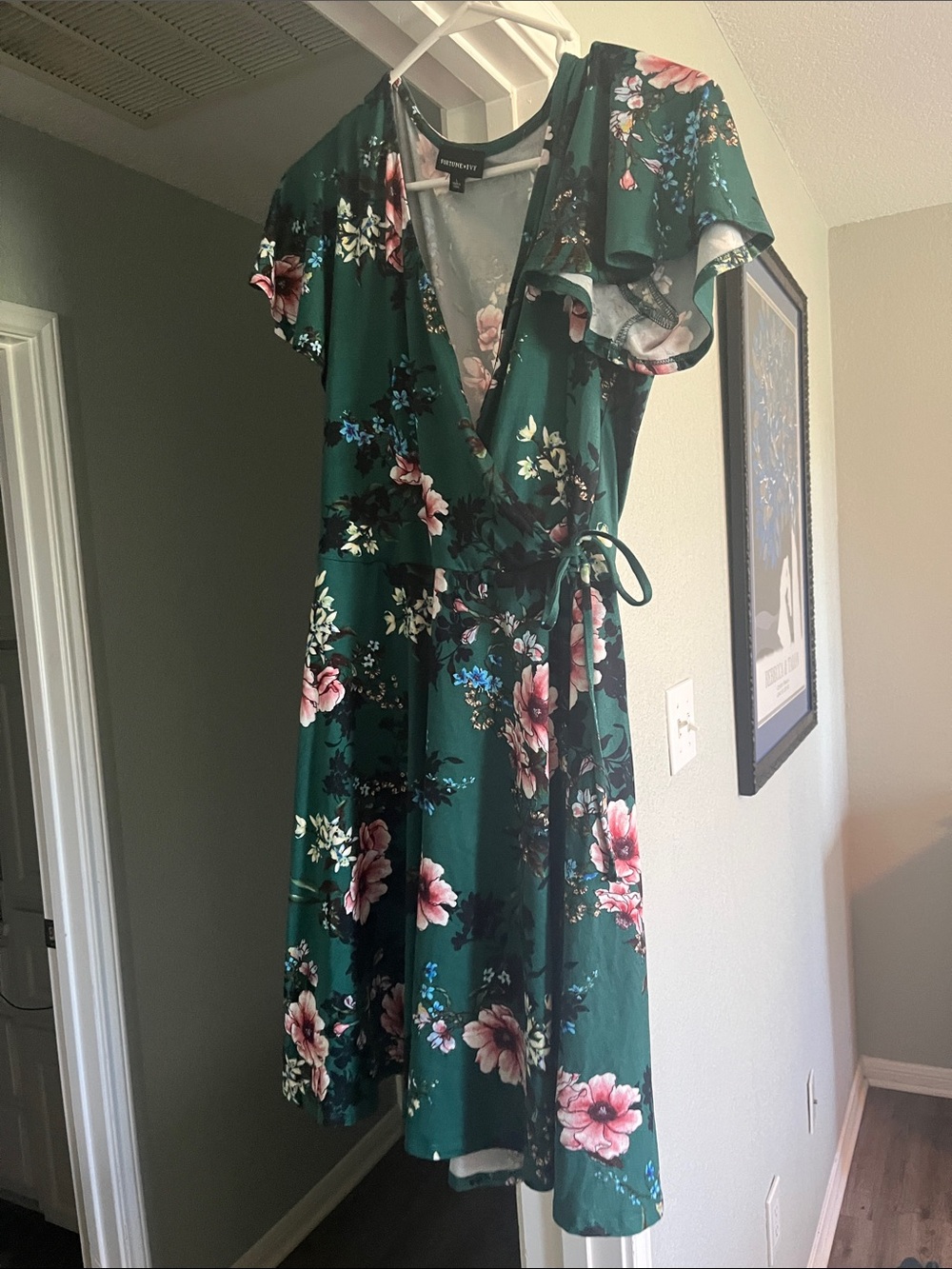 Emerald Floral Wrap Midi Dress with Tie Waist